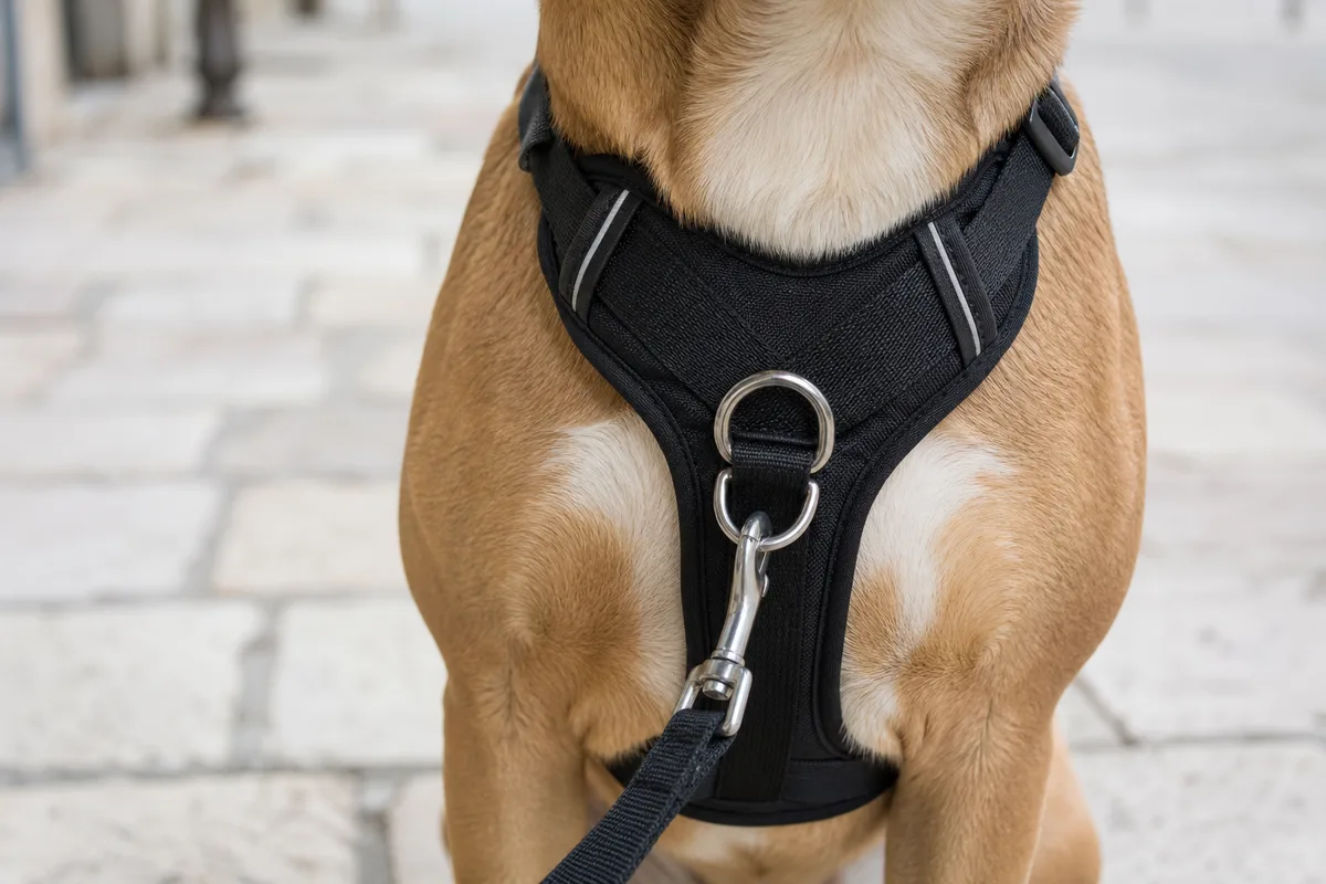Harnais anti-traction à attache frontale sur un chien, avec une laisse fixe, pour la marche en laisse sans tirer