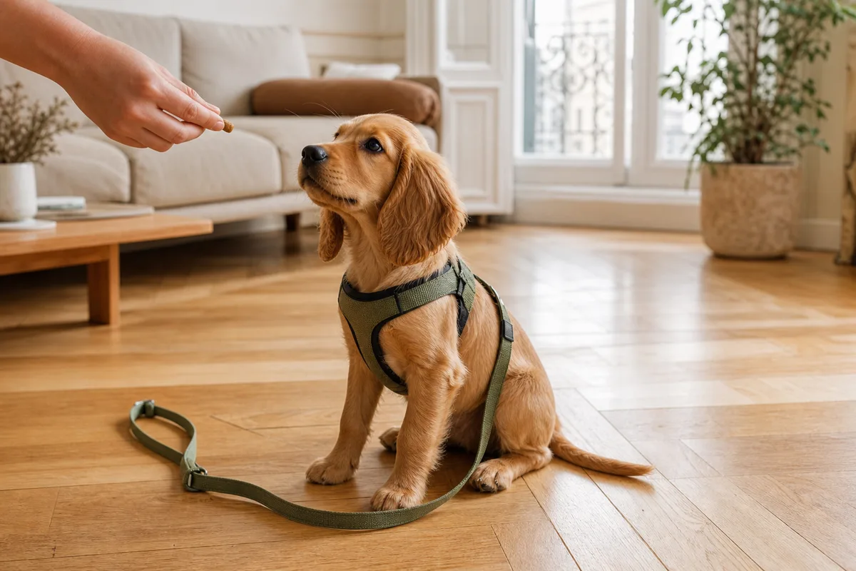 Chiot en harnais à l’intérieur d’un salon, laisse détendue, recevant une friandise pendant une séance d’apprentissage au calme