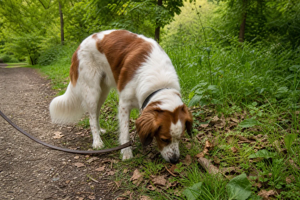 Chien qui renifle l’herbe au bord d’un chemin de parc, laisse détendue, pendant une promenade détendue