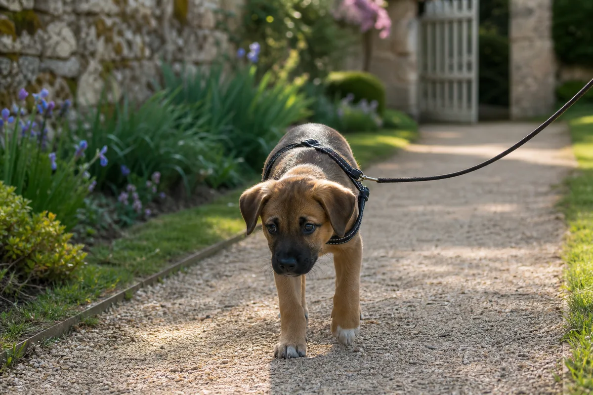 Jeune chiot faisant ses premiers pas en laisse sur une allée de jardin, au rythme calme