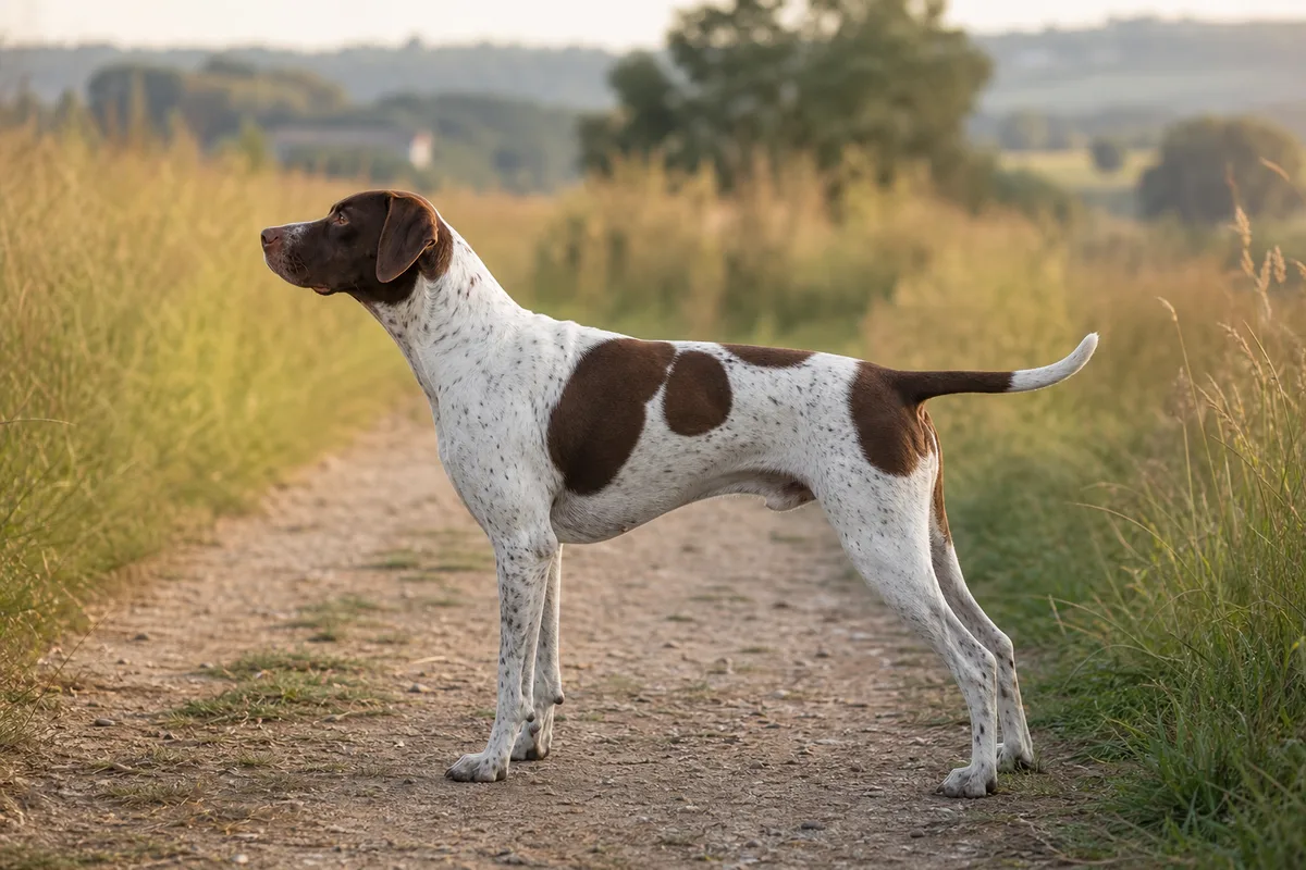 Chien de profil en extérieur sur un chemin de campagne, queue et oreilles bien visibles, lumière naturelle de fin de journée