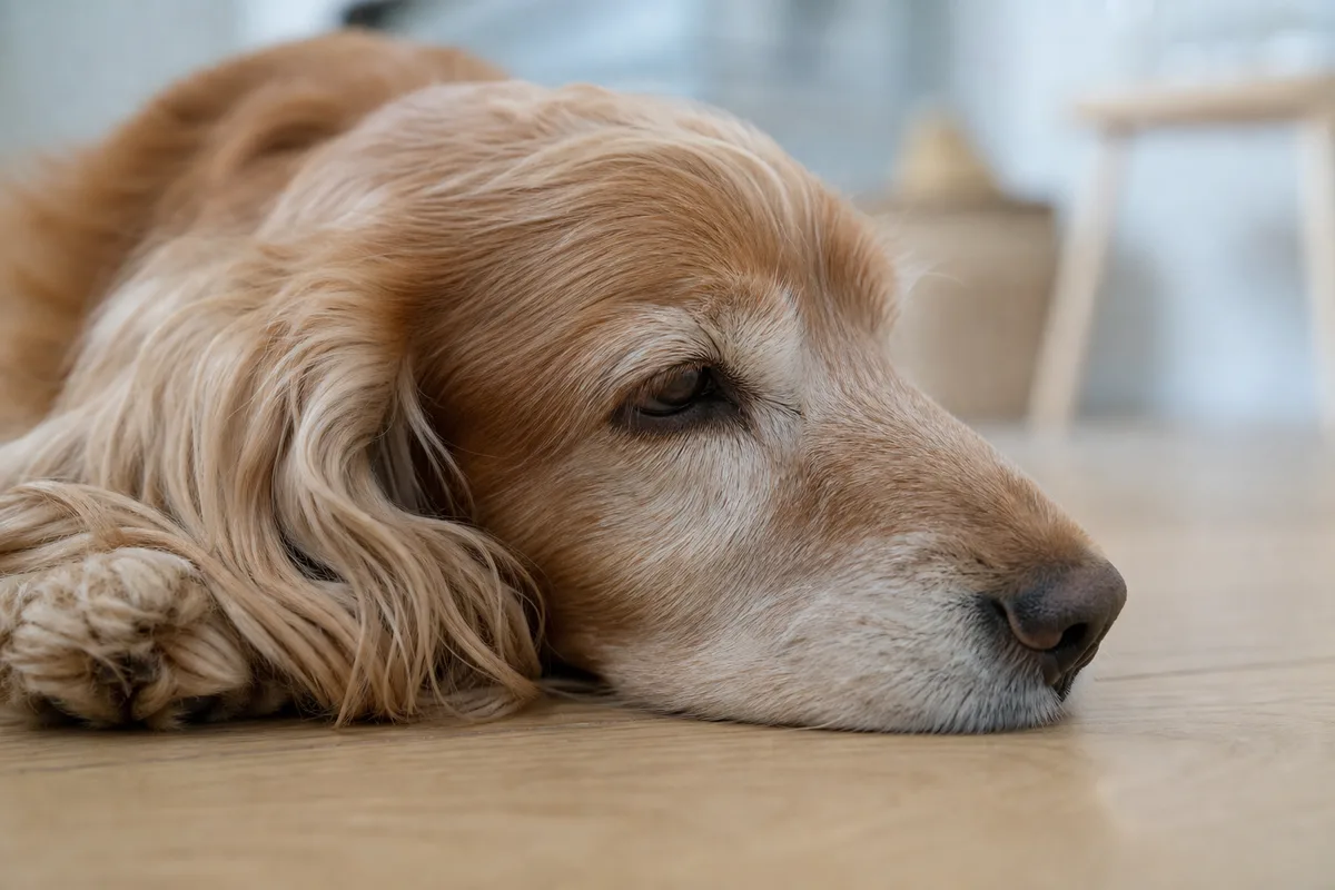 Gros plan sur la tête d’un chien couché sur un parquet, museau détourné et paupières mi-closes, dans un intérieur calme