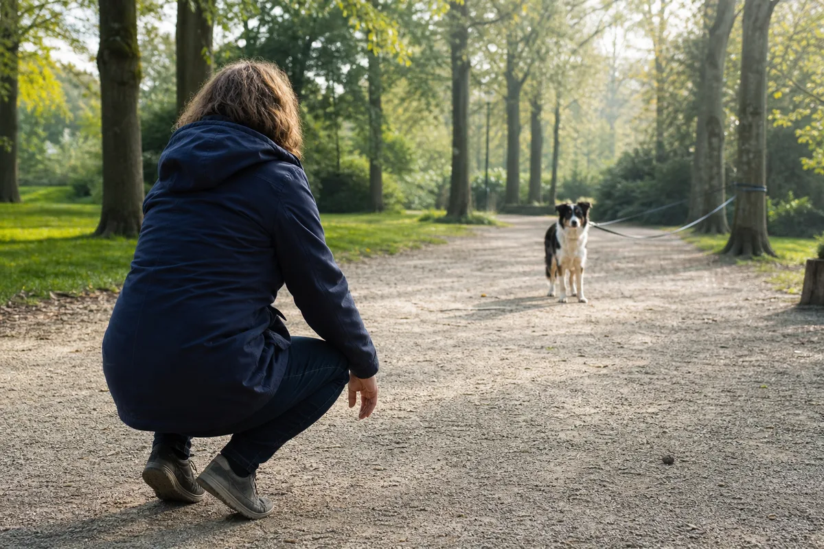 Personne accroupie de biais à quelques mètres d’un chien tenu en laisse dans un parc, posture calme et main basse