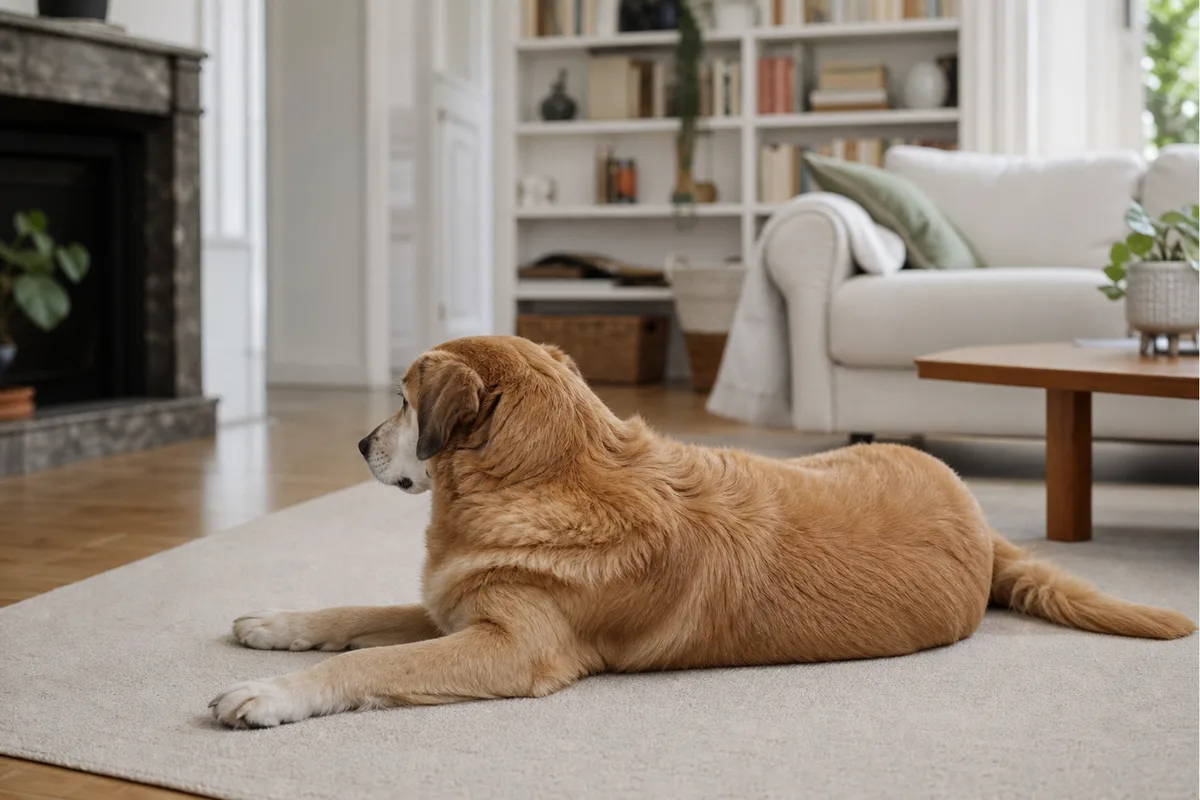Chien couché sur un tapis dans un salon lumineux, corps détendu et pattes allongées, vu de trois quarts arrière