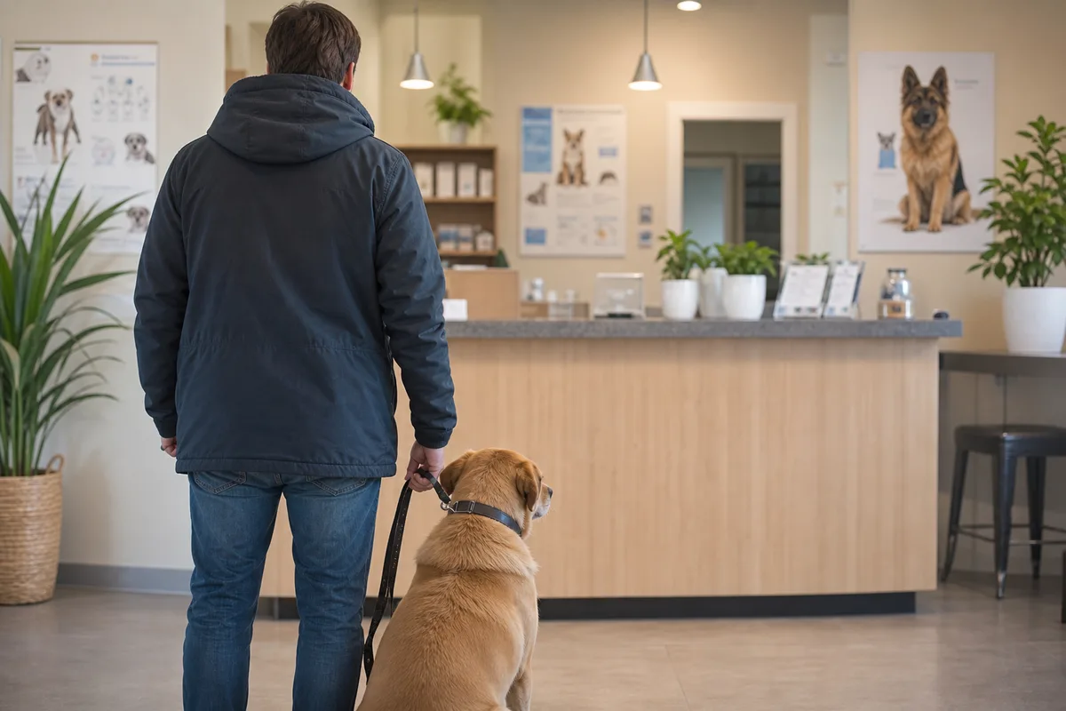 Vue d’une salle d’attente de cabinet vétérinaire en zone rurale, avec un comptoir d’accueil et une personne tenant un chien en laisse