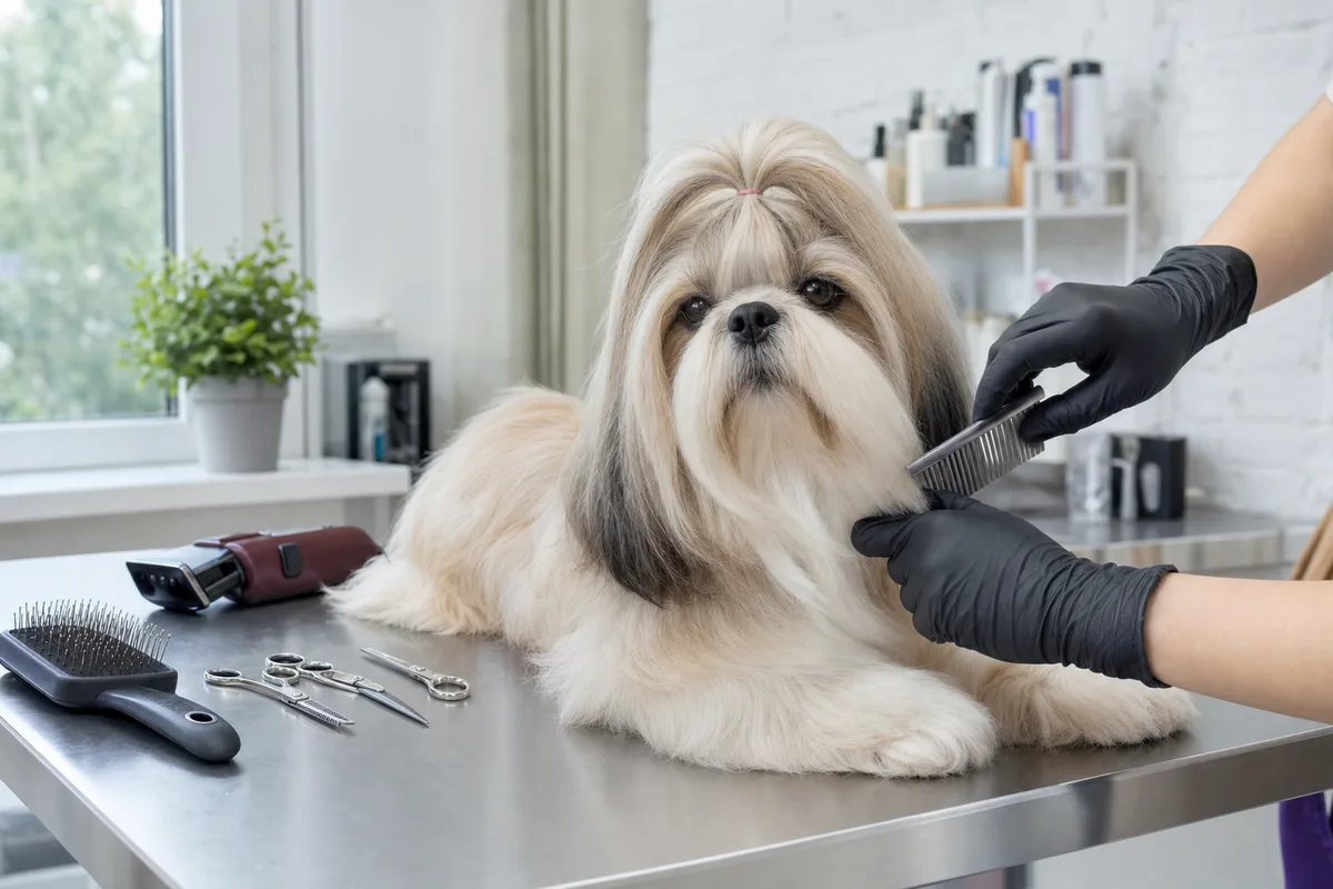 Table de toilettage dans un salon lumineux, avec brosses et matériel professionnel posés à côté d’un petit chien à poil long
