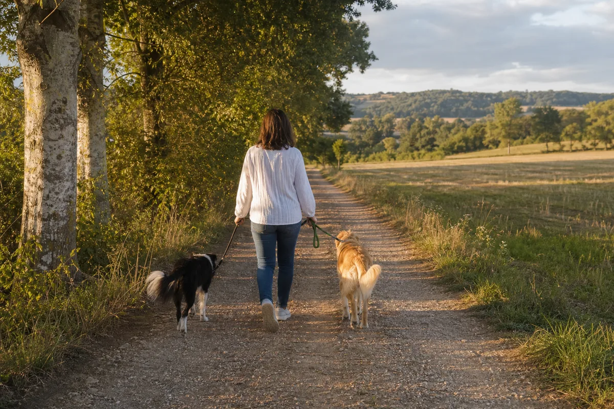 Personne promenant deux chiens en laisse sur un chemin de campagne bordé d’arbres, sous une lumière douce de fin de journée